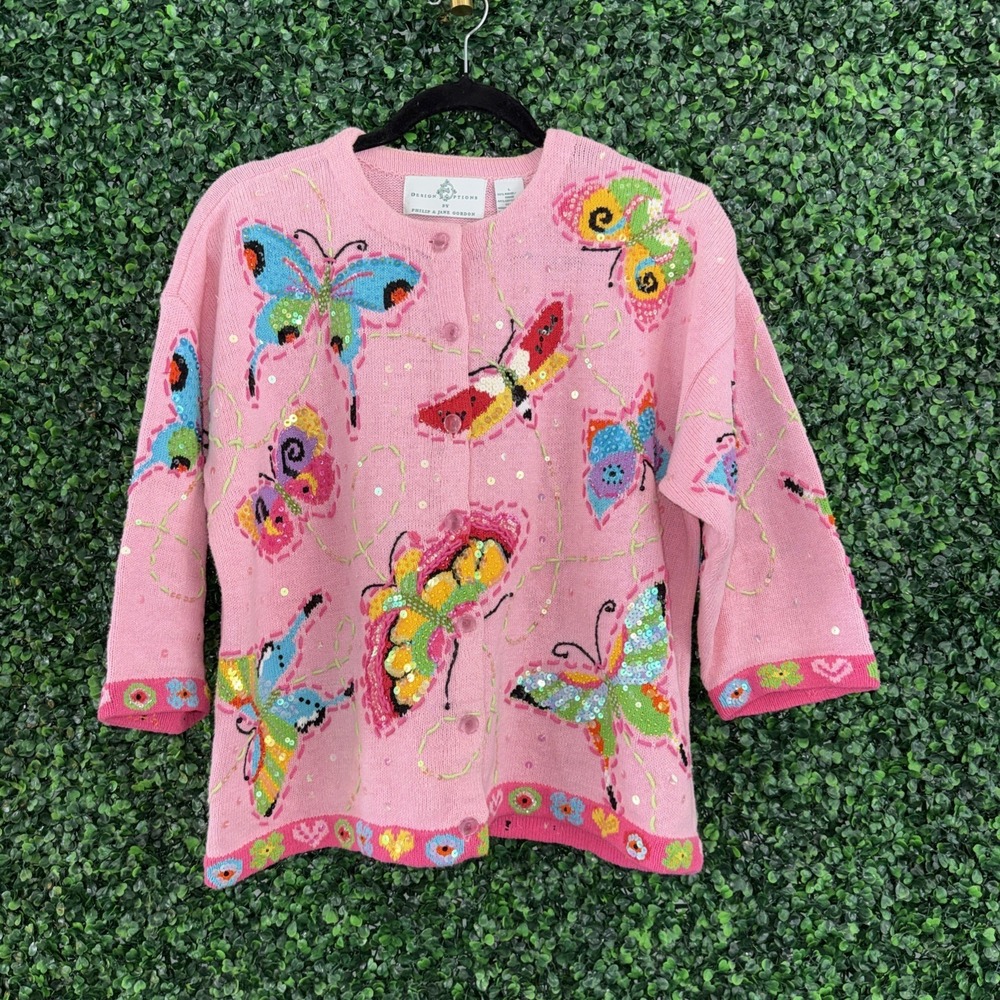 Vintage Design Options Sweater Cardigan Women's Large Butterfly